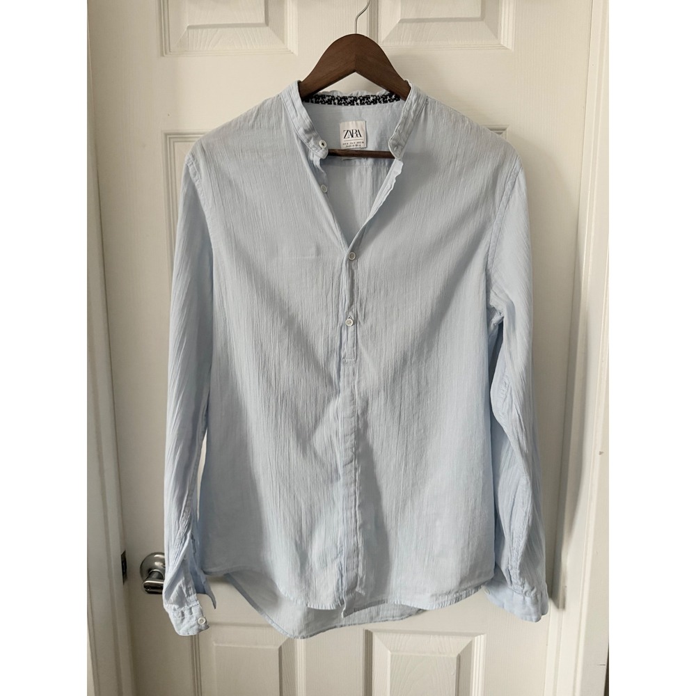 Zara Light Blue Band Collar Crinkle Texture Button Down Shirt Medium